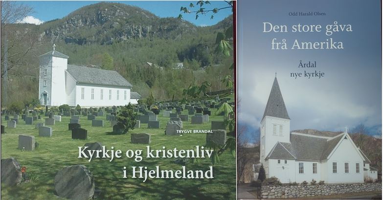 bilete av forsida av boka kyrkje og kristenliv i Hjelmeland og Gåva frå Amerika i Årdal